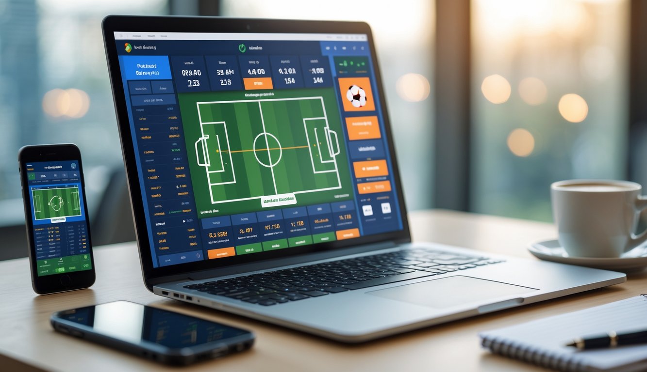 Seorang pengguna sedang melihat jadwal pertandingan sepak bola lengkap pada layar laptop di ruang kerja modern.