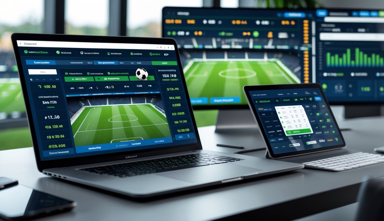 Seseorang menggunakan perangkat digital untuk memasang taruhan sepak bola online di lingkungan kerja modern.