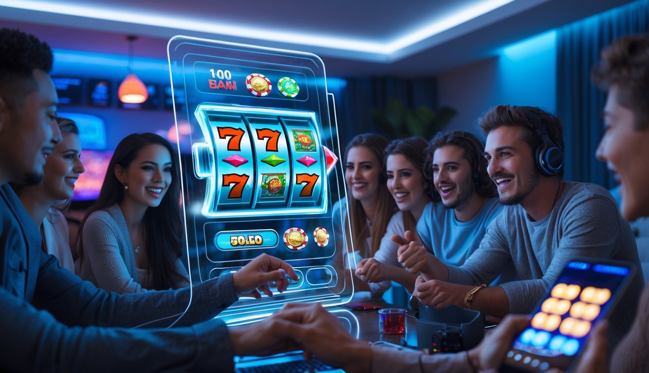 Beberapa orang muda bermain mesin slot digital di ruang tamu modern dengan pencahayaan ambient.