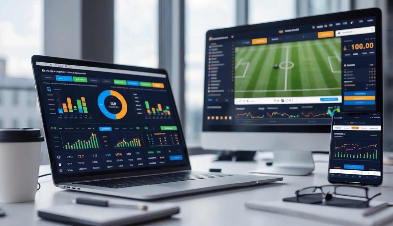 Seorang pengguna di meja kerja dengan laptop dan ponsel yang menampilkan statistik dan data pertandingan sepak bola secara real-time.