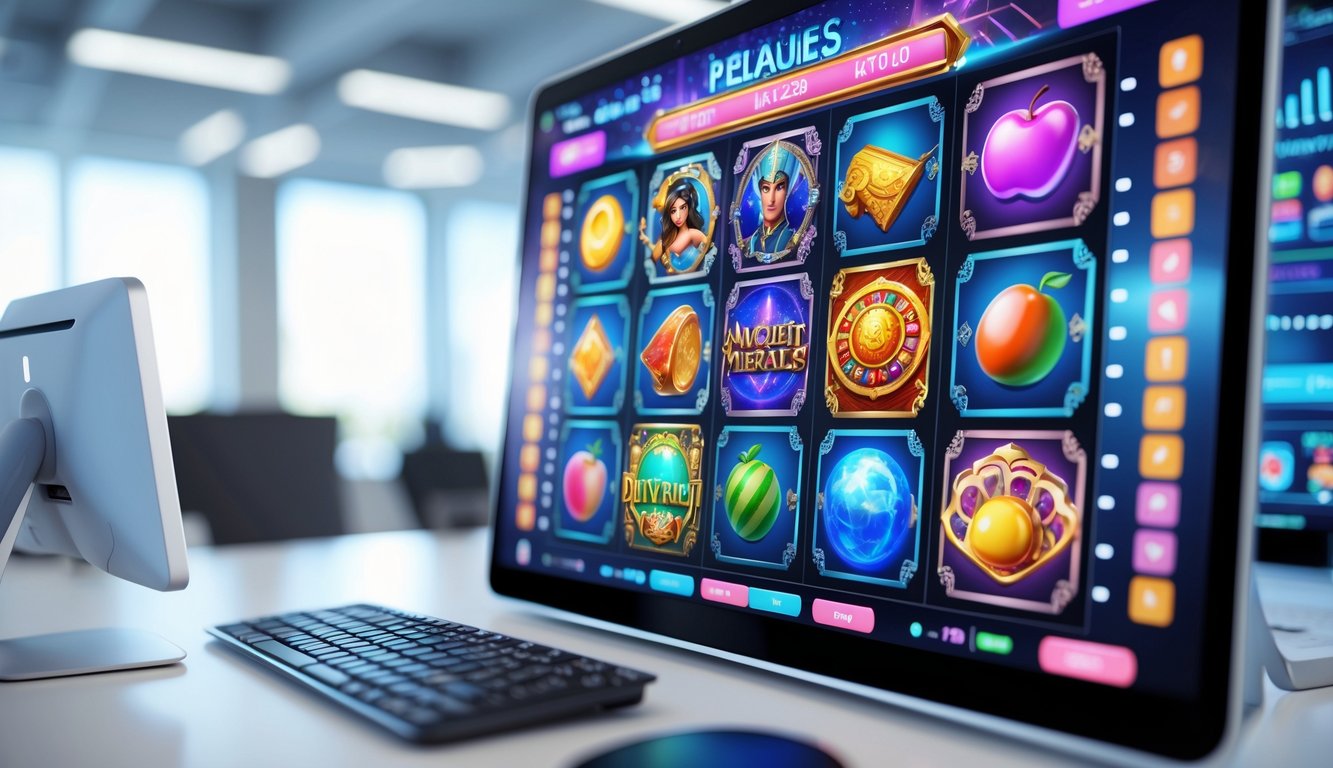 Tampilan layar komputer modern dengan berbagai ikon permainan slot online beragam tema populer di lingkungan kantor yang bersih dan terang.