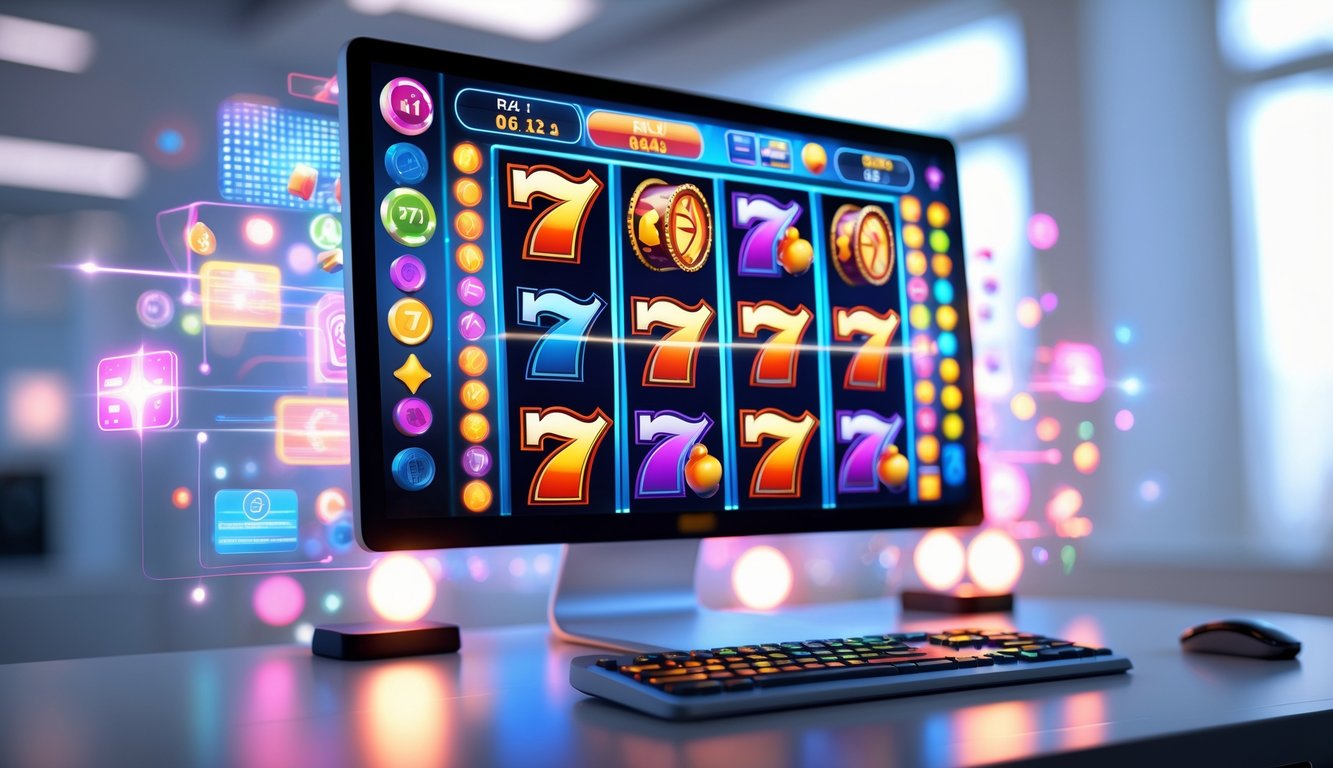 Layar komputer menampilkan mesin slot online dengan simbol berwarna cerah yang sedang berputar di lingkungan gaming profesional.