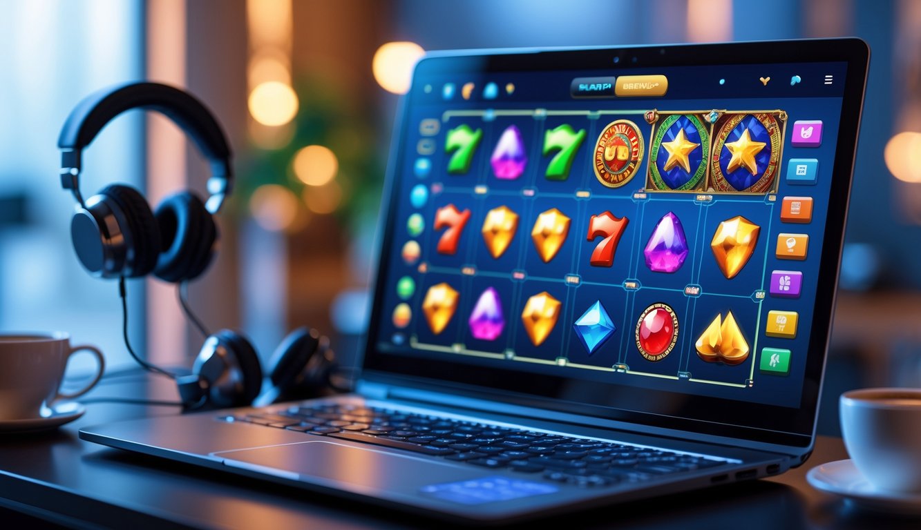 Sebuah komputer dengan layar menampilkan permainan slot online yang berwarna-warni di atas meja kerja yang rapi.