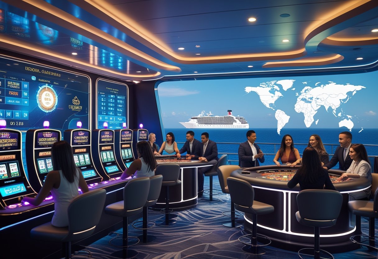 A modern offshore casino on a ship with people playing games like poker and roulette, surrounded by digital screens and ocean views.