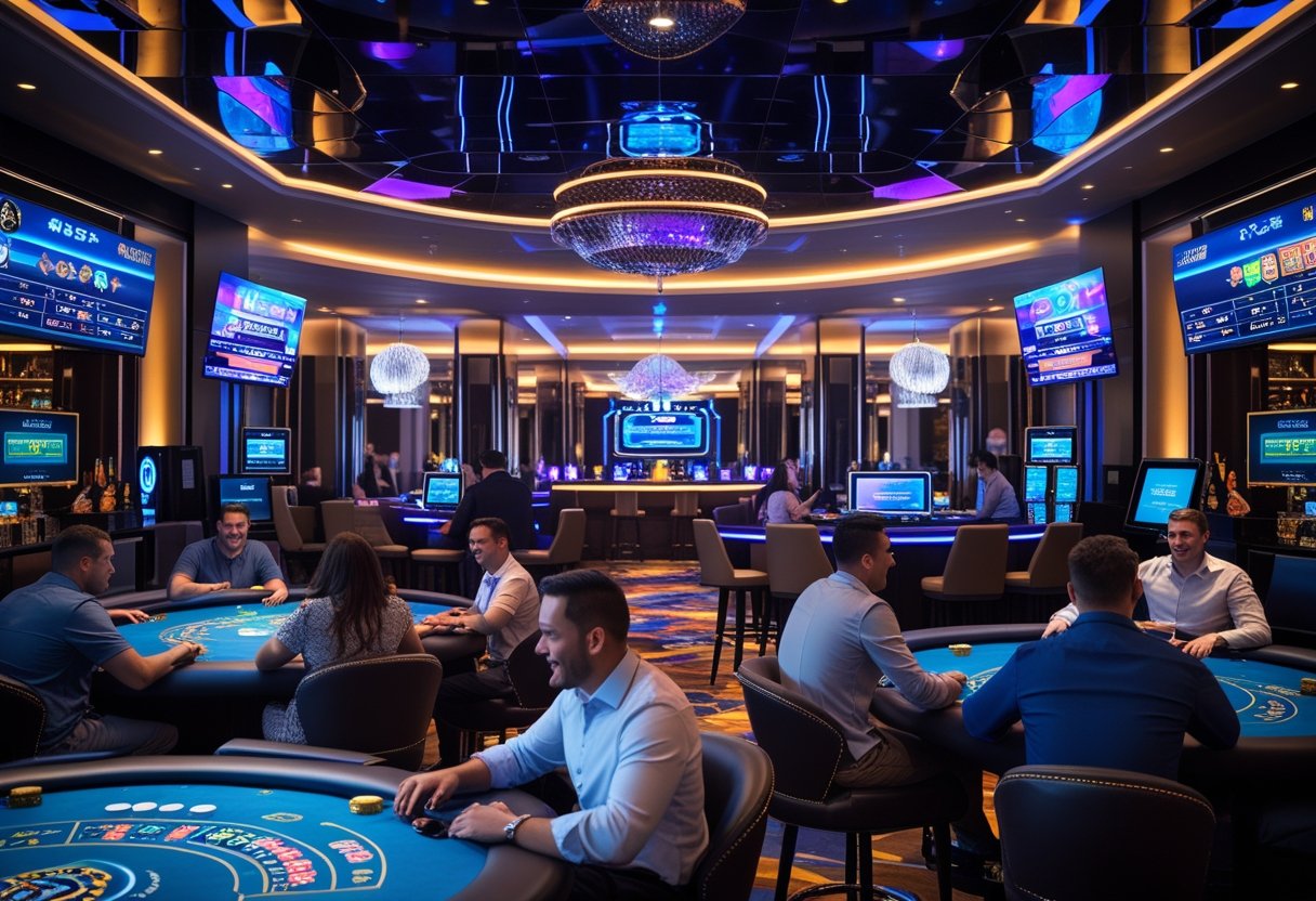 A modern casino interior with diverse players at gaming tables and digital screens, featuring a bar area and ocean-themed decor.
