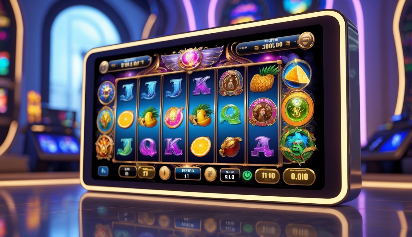 Mesin slot online interaktif dengan berbagai simbol tema yang berwarna-warni dan latar belakang lingkungan permainan yang modern.