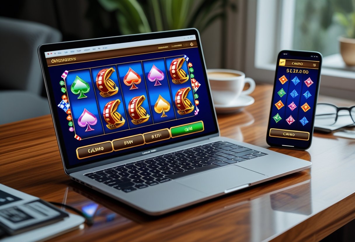 A laptop and smartphone displaying online casino games on a desk in a cozy home setting.