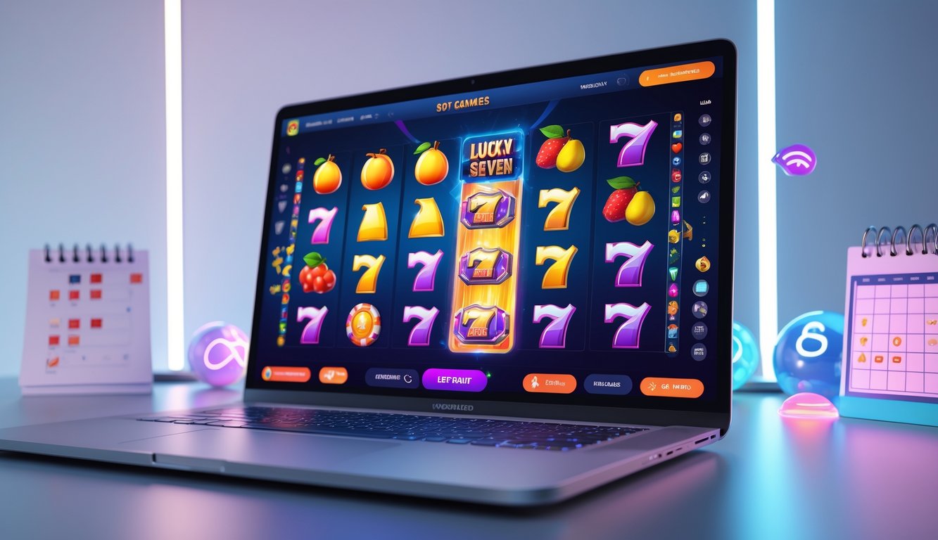 Layar komputer menampilkan permainan slot online berwarna-warni dengan simbol buah dan jackpot, dikelilingi elemen yang menunjukkan pembaruan game secara berkala.