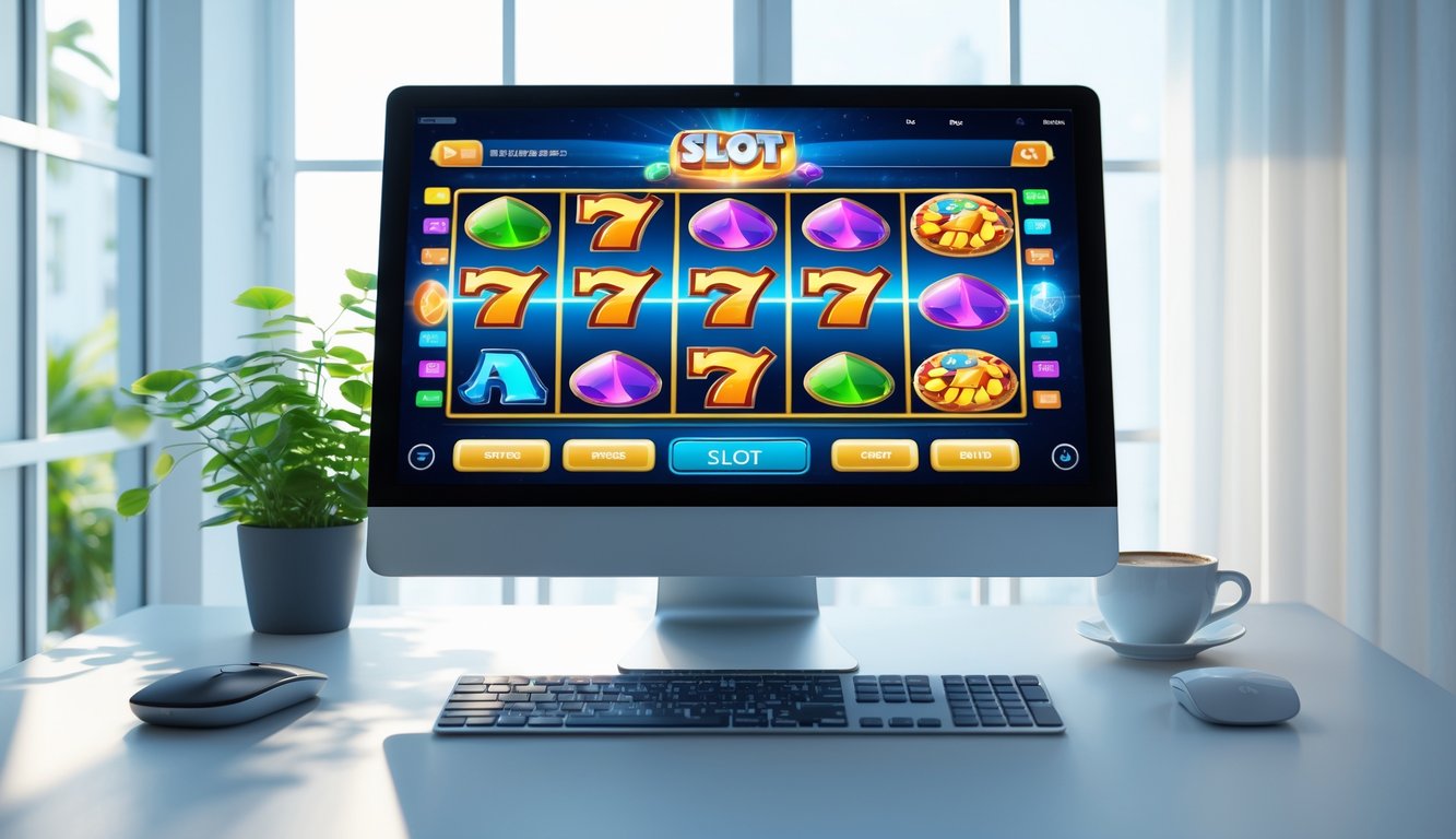 Tampilan layar komputer dengan permainan slot online yang menarik di sebuah ruang kerja modern yang rapi dan terang.