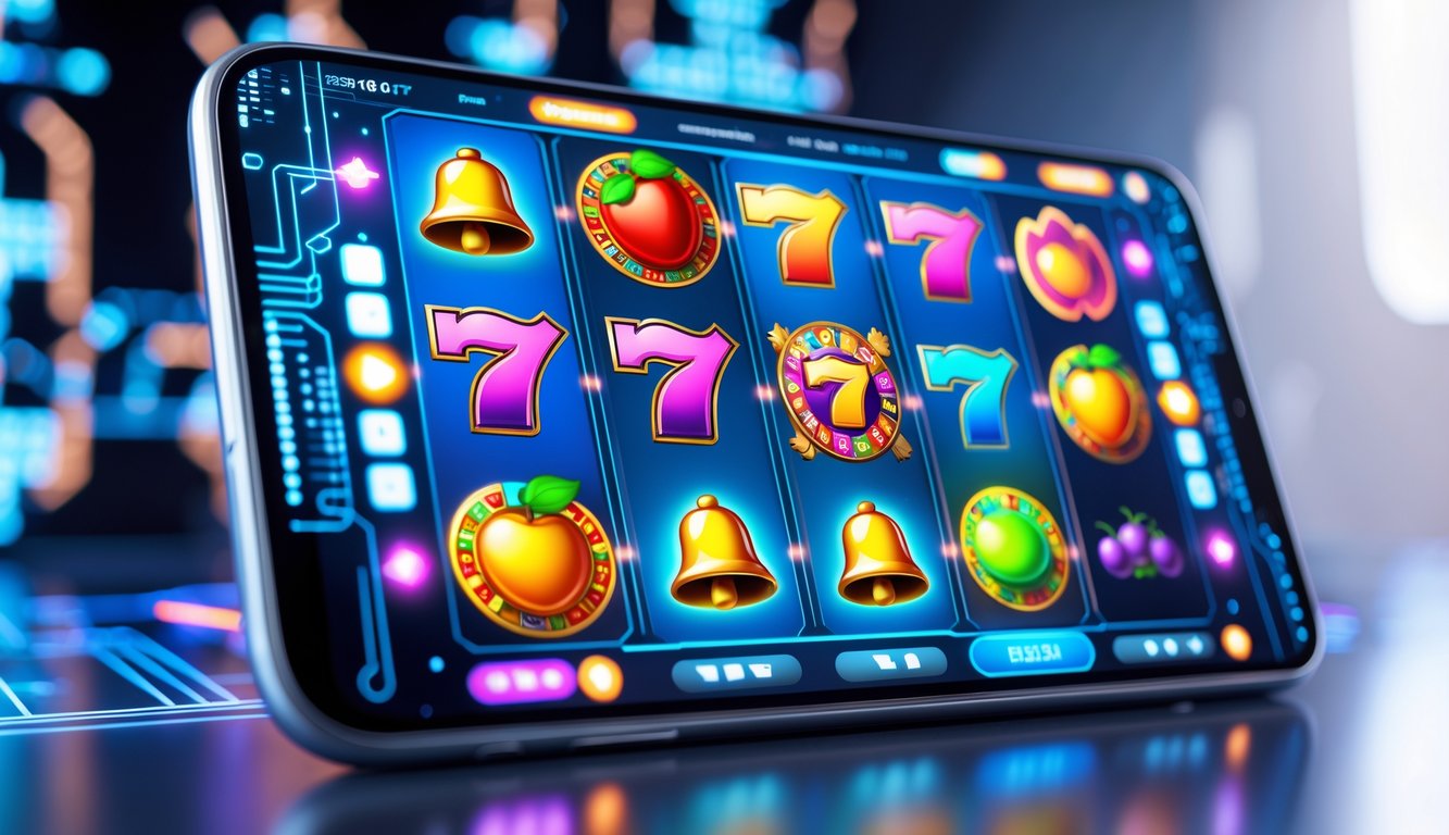 Tampilan antarmuka permainan slot online berwarna-warni pada perangkat digital modern dengan latar belakang elemen teknologi yang futuristik.