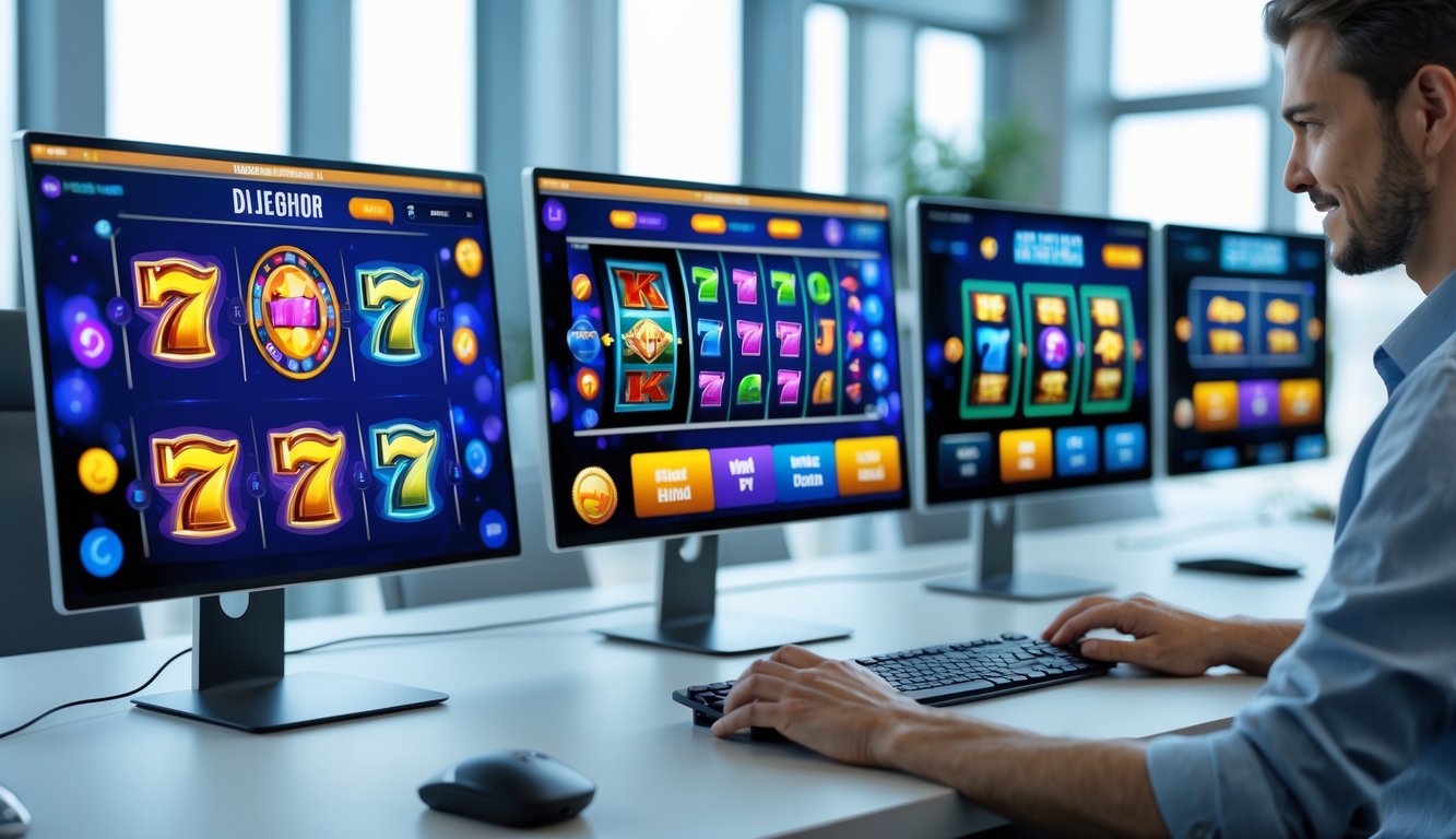 Seseorang menggunakan komputer dengan beberapa layar yang menampilkan permainan slot online yang efisien di lingkungan kantor yang terang dan modern.