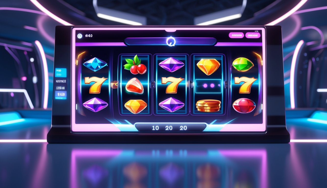 Tampilan mesin slot online modern dengan simbol warna-warni dan latar belakang bercahaya futuristik.