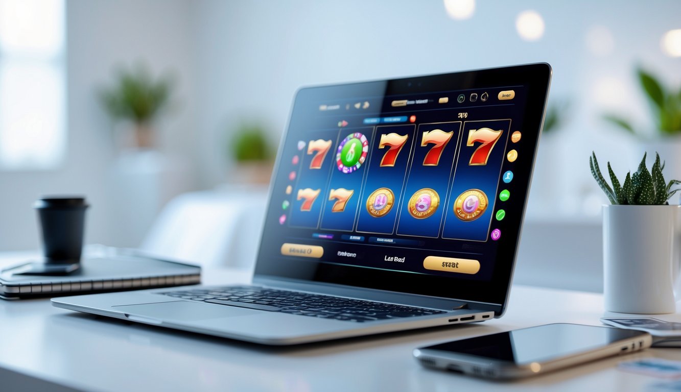 Seorang profesional menggunakan laptop dengan tampilan permainan slot online di layar dalam ruang kerja yang rapi dan terang.