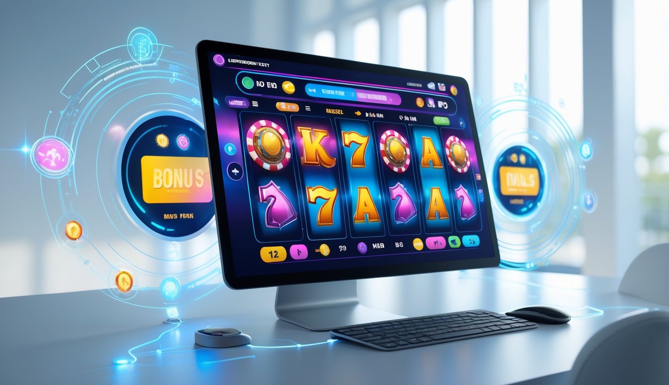 Layar perangkat digital menampilkan permainan slot online dengan simbol warna-warni dan elemen interaktif di sekitarnya.