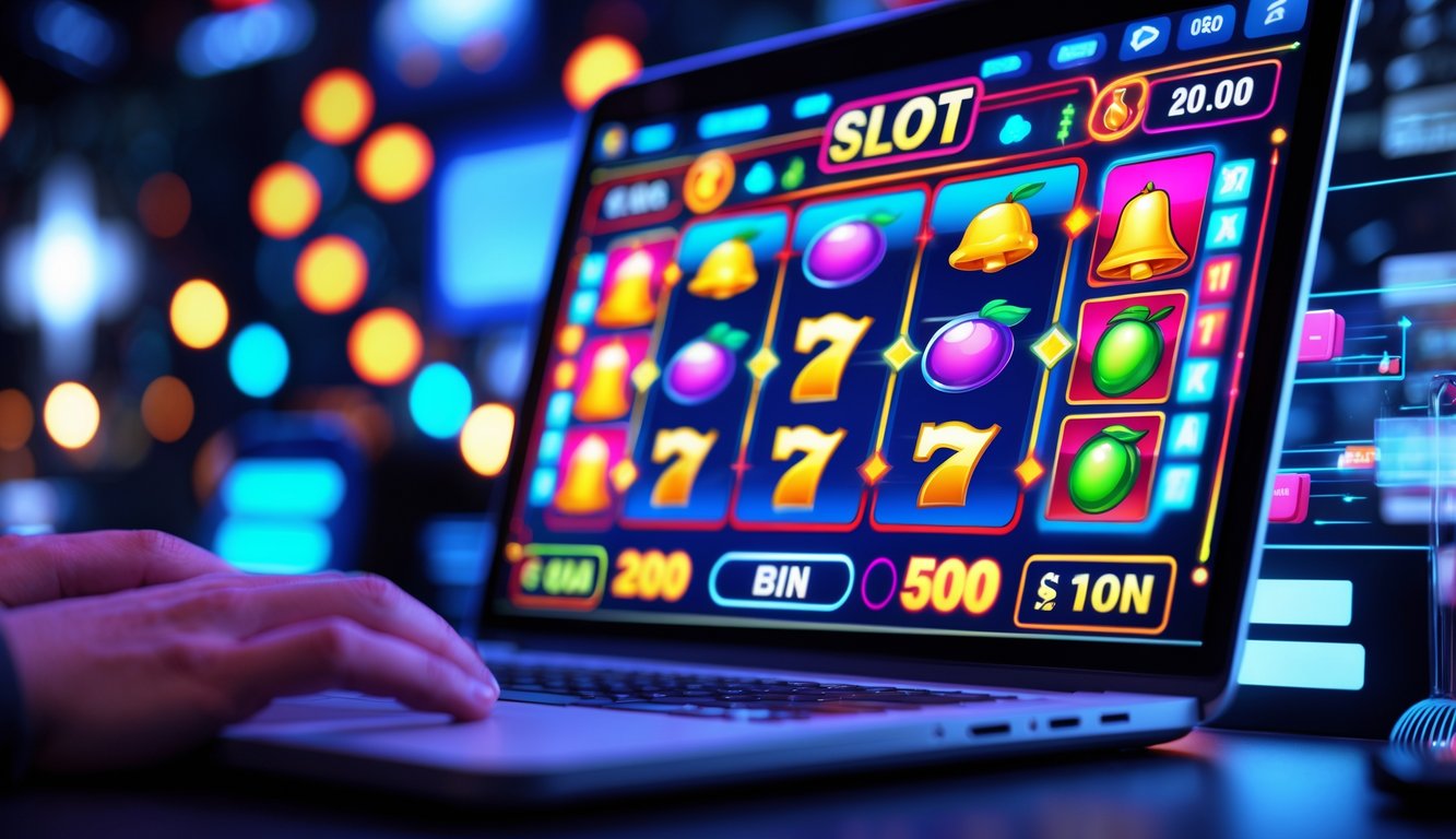 Layar komputer menampilkan permainan mesin slot online dengan simbol warna-warni dan suasana yang dinamis.