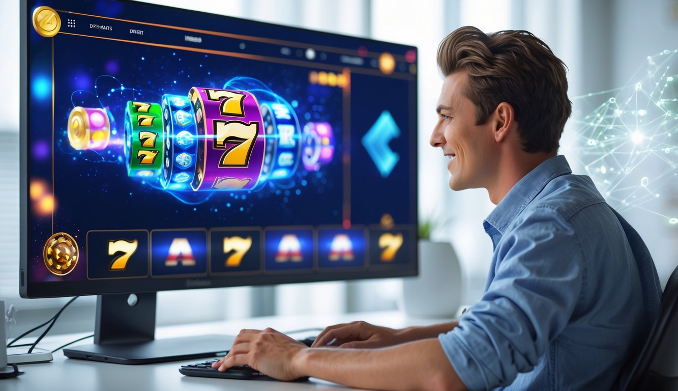 Seorang pemain muda sedang menikmati permainan slot online pada layar komputer di ruang kantor yang terang dan modern.