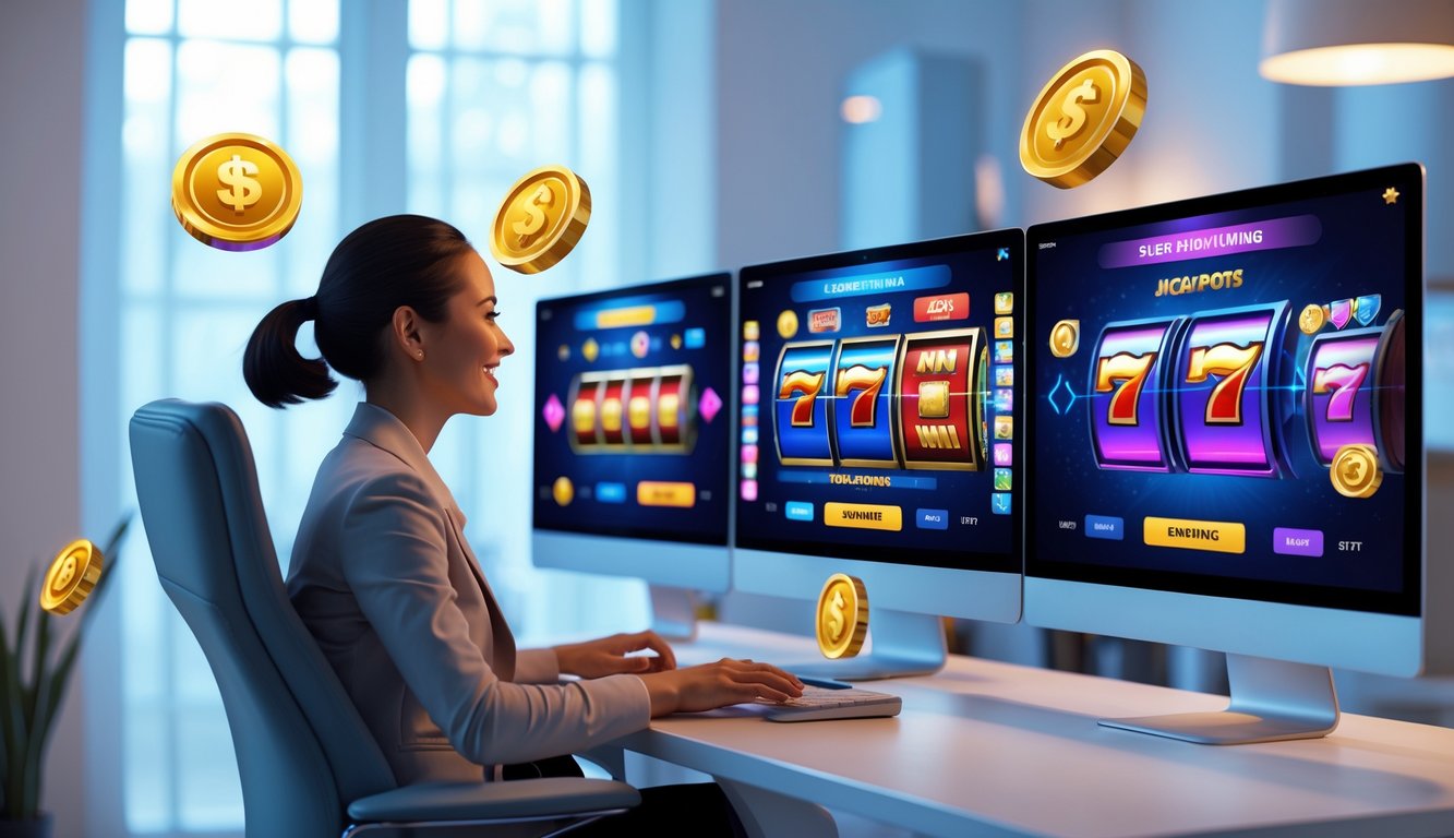 Seseorang sedang bermain game slot online di komputer dengan layar menampilkan simbol slot yang berwarna-warni di ruangan yang terang dan rapi.