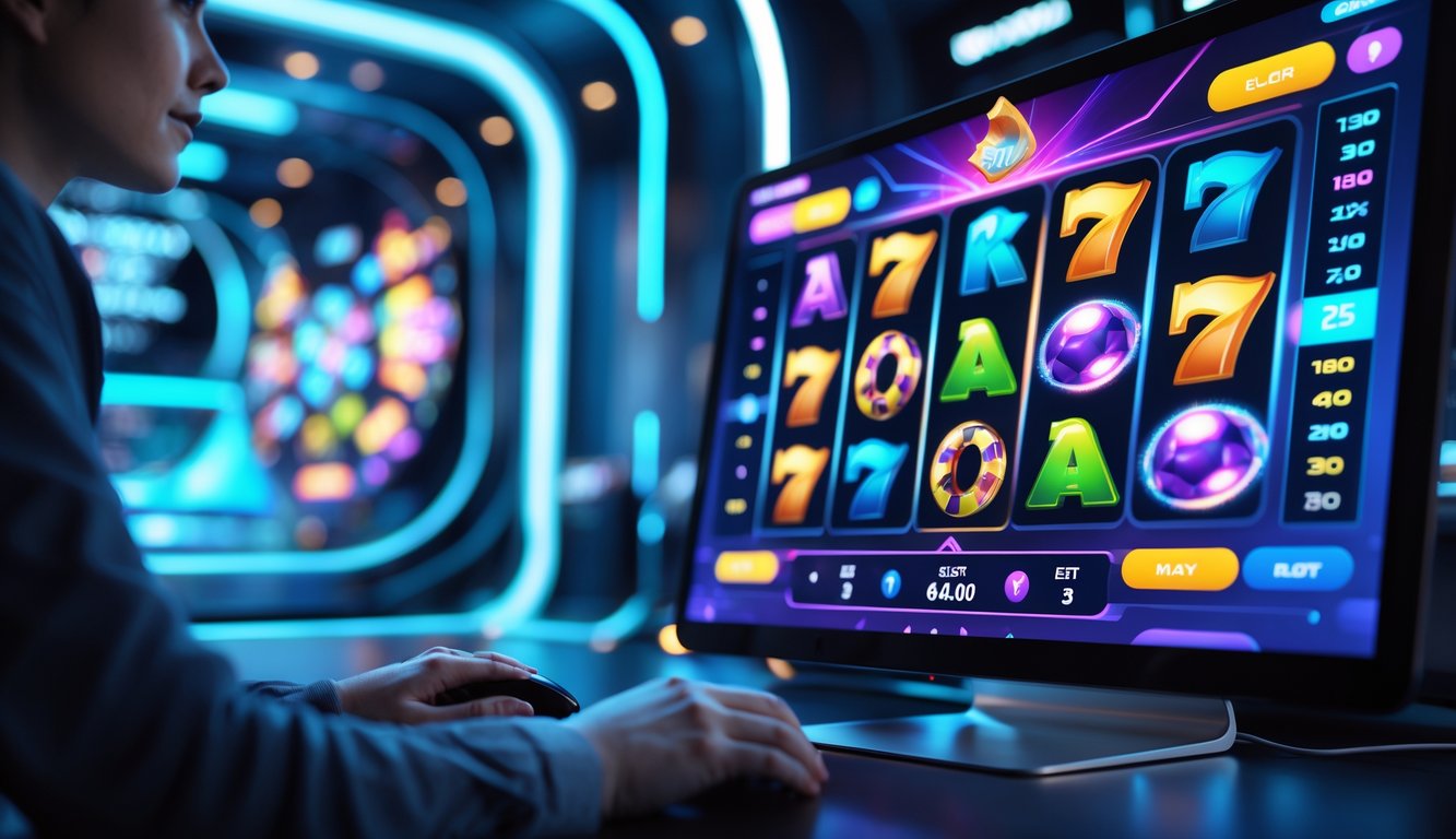 Seorang pemain sedang menggunakan komputer dengan tampilan permainan slot online yang berwarna-warni dan fitur inovatif.
