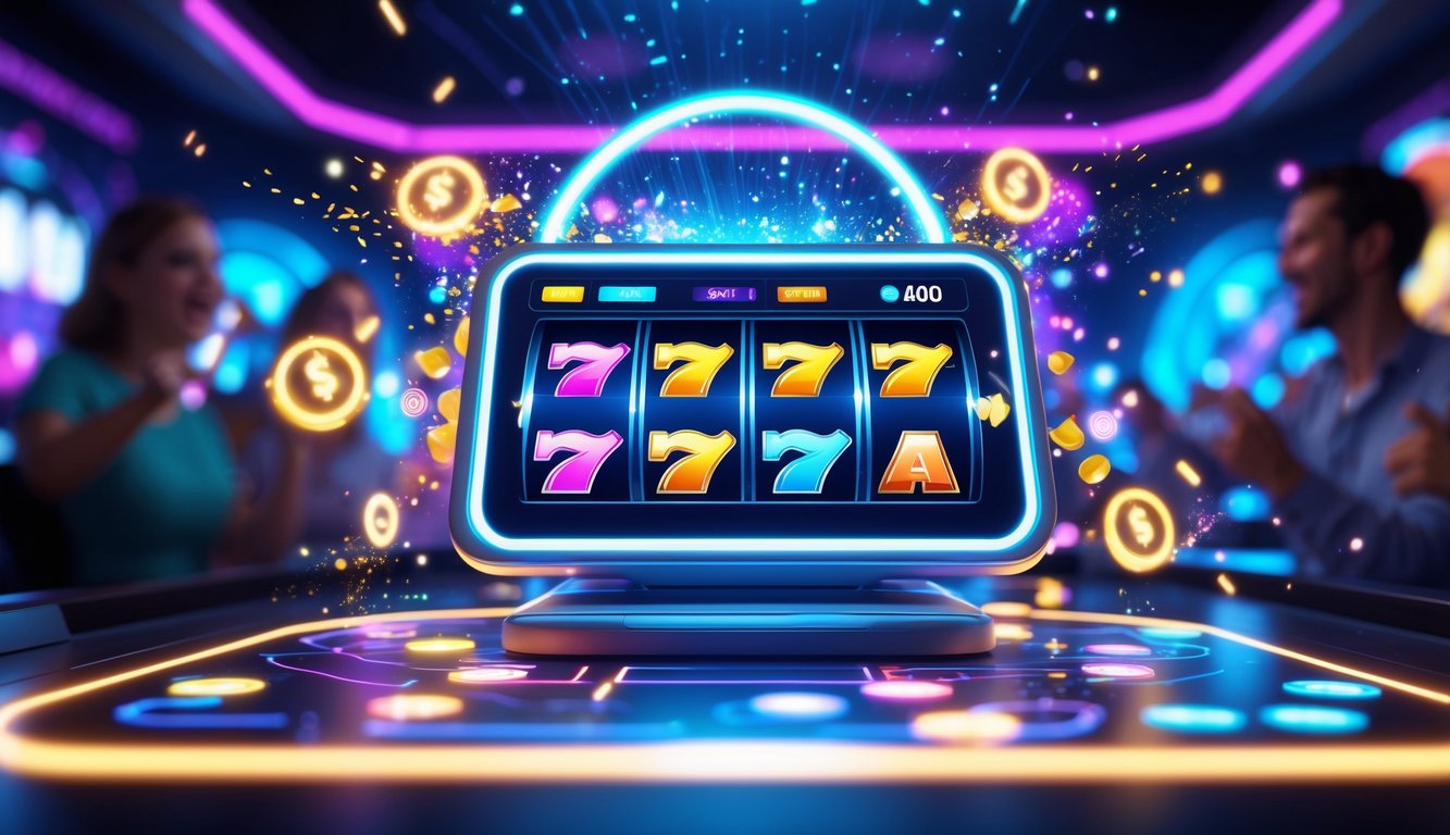 Layar mesin slot digital yang berwarna-warni dengan efek cahaya dan latar belakang suasana permainan yang hidup dan menarik.