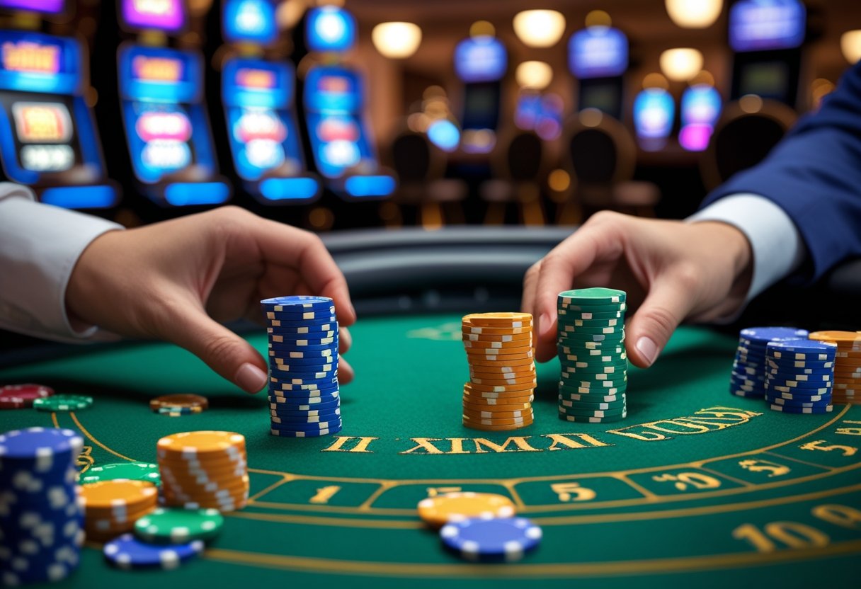 Hands placing small poker chips on a casino table with slot machines in the background.