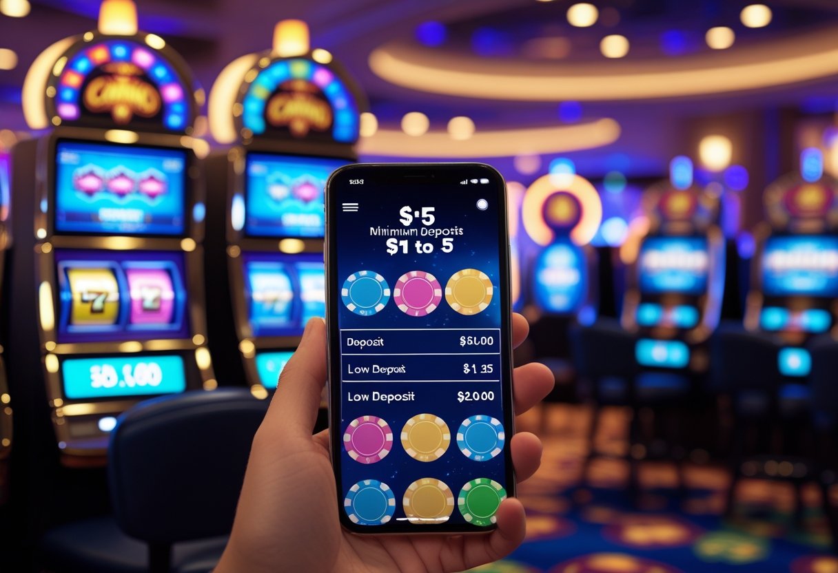 A person holding a smartphone showing an online casino app with colorful chips and slot machines in a lively casino environment.