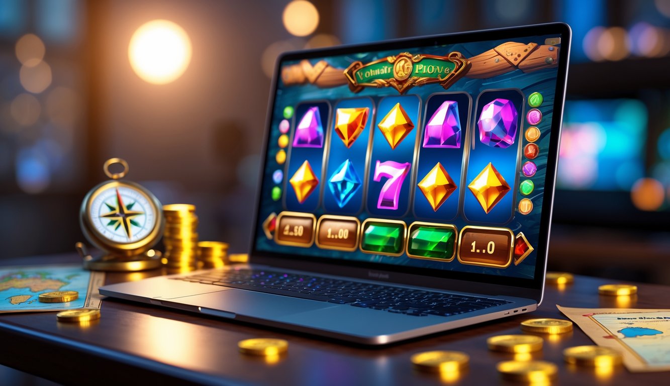 Layar komputer menampilkan permainan slot online dengan simbol warna-warni dan elemen seperti kompas dan koin di meja kayu.