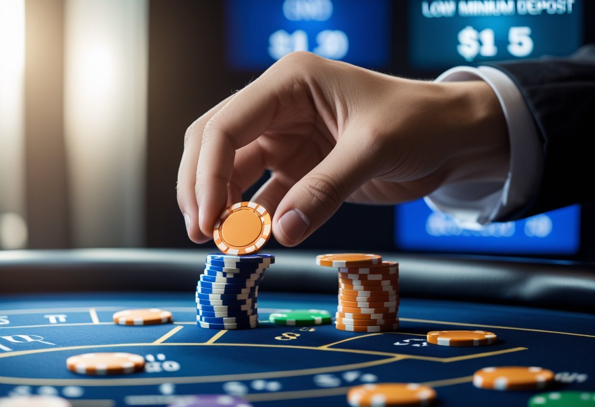 A close-up of a hand placing colorful casino chips on a casino table with a digital display showing a low deposit amount.