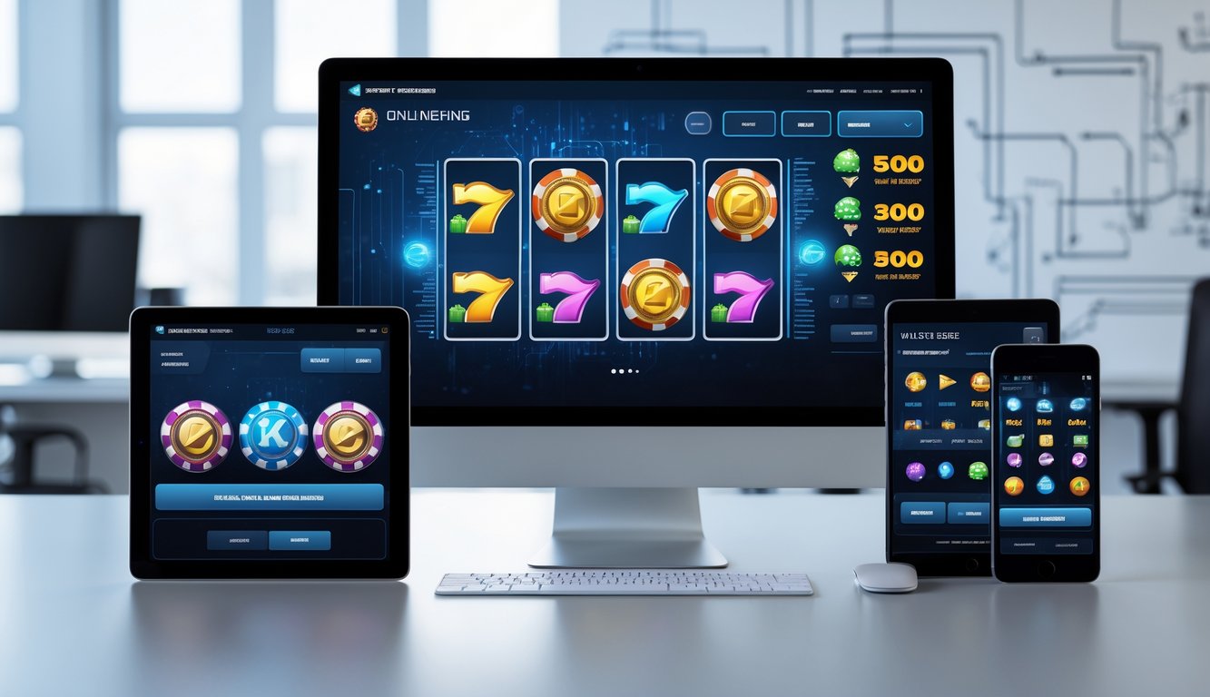 Beberapa perangkat menampilkan antarmuka permainan slot online yang modern dan responsif di lingkungan kantor yang terang.