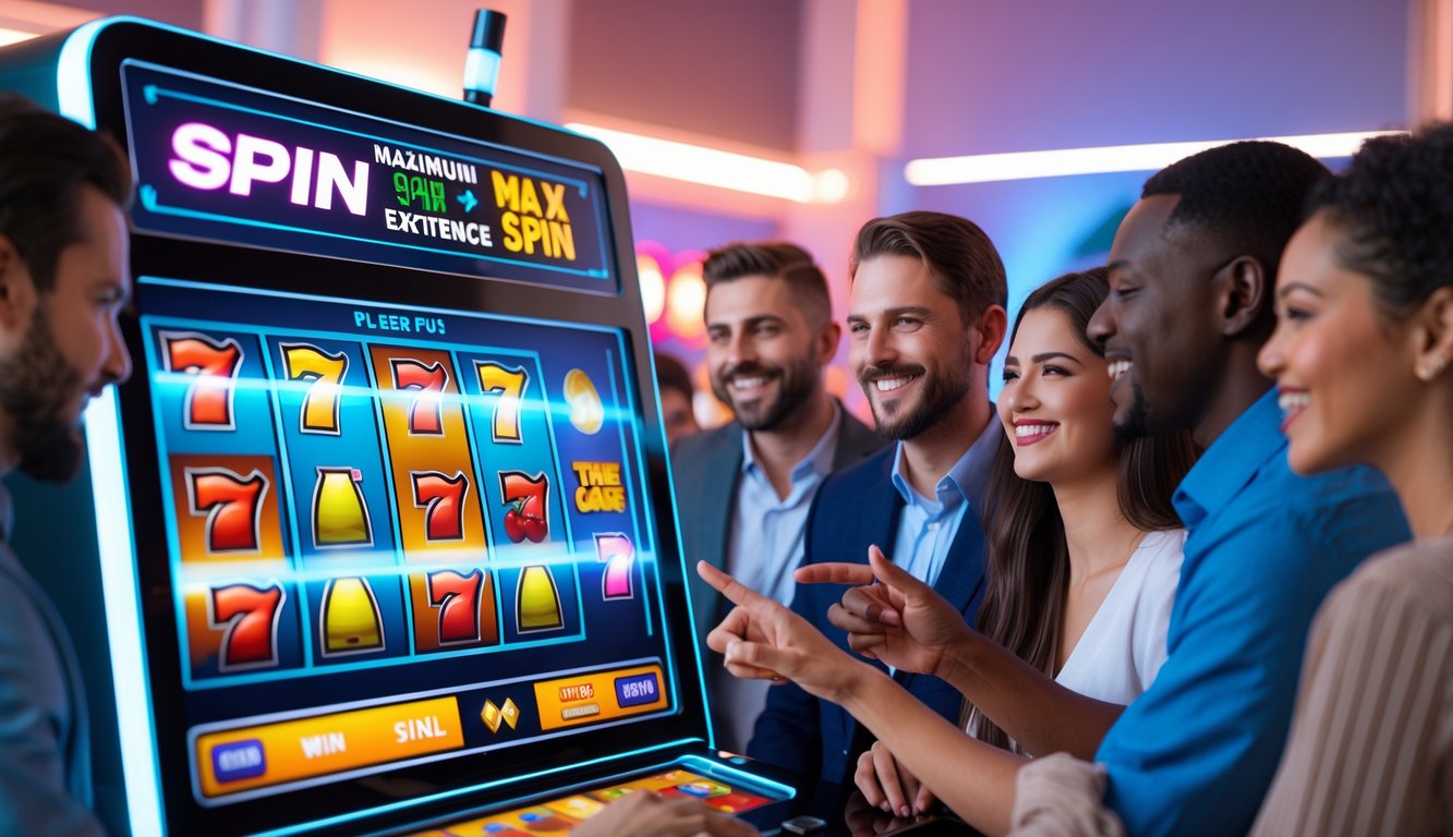 Orang-orang bermain mesin slot online dengan antarmuka digital berwarna-warni dan suasana permainan yang menyenangkan.