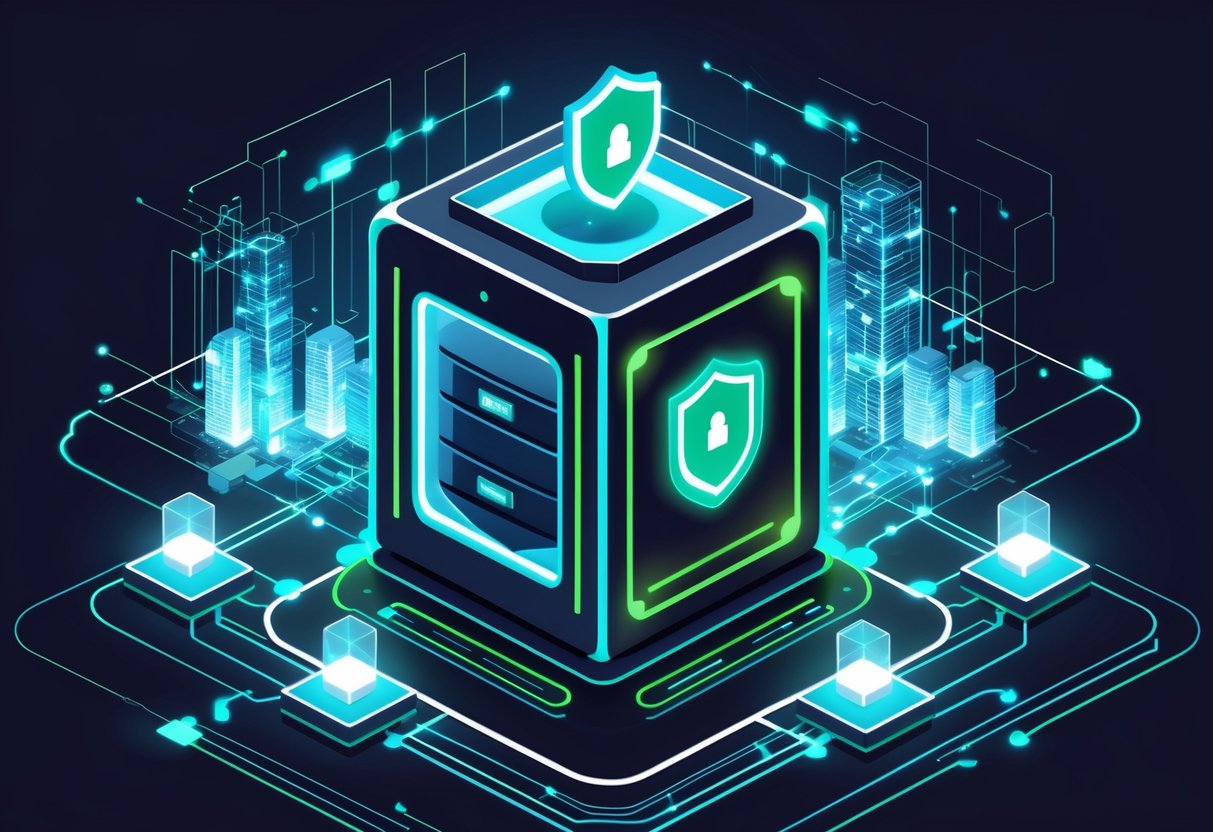 A futuristic digital vault surrounded by interconnected blockchain nodes and a shield symbol, set against a cityscape with holographic data streams, representing secure Bitcoin mixing.