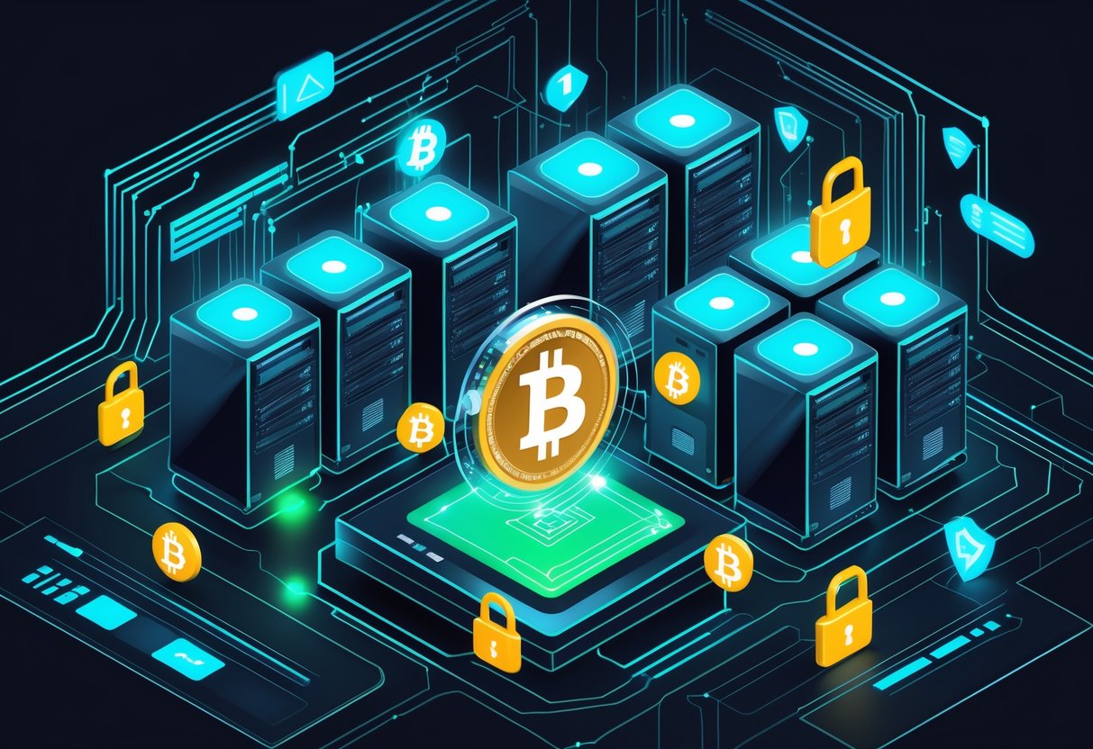 A futuristic digital data center with glowing servers and floating Bitcoin symbols showing encrypted and anonymized transactions.