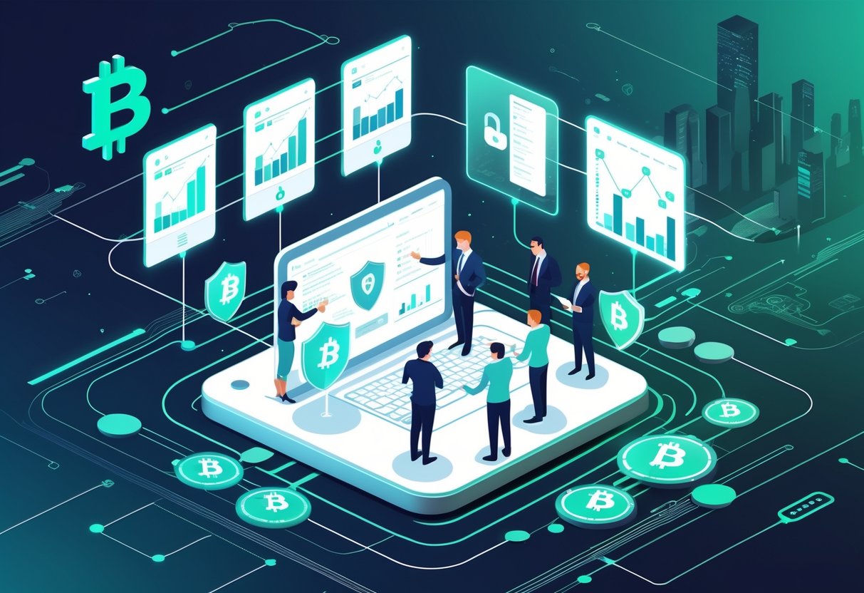 A futuristic digital control center where professionals analyze holographic charts and security icons related to Bitcoin transactions and blockchain networks.