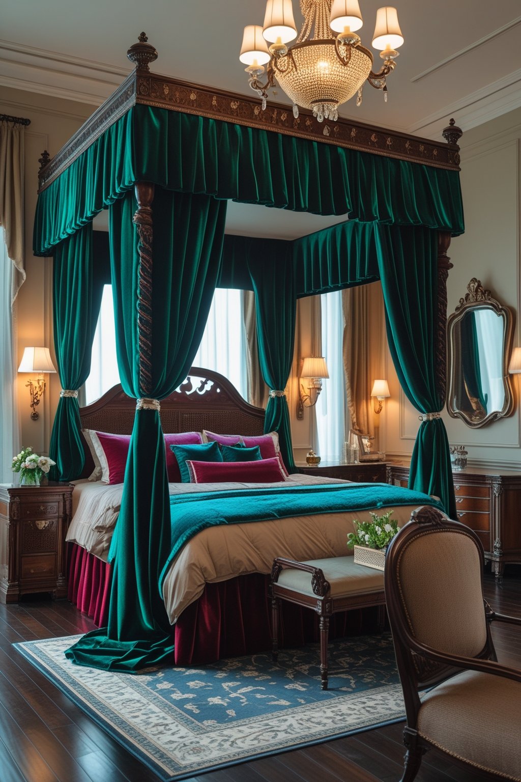 Modern Victorian Bedroom Design Ideas For A Timeless Aesthetic: 7 Inspiring Ways To Blend Classic And Contemporary Styles 3 A bedroom with a large four-poster bed draped in dark velvet curtains, warm lighting, wooden furniture, and decorative accents.
