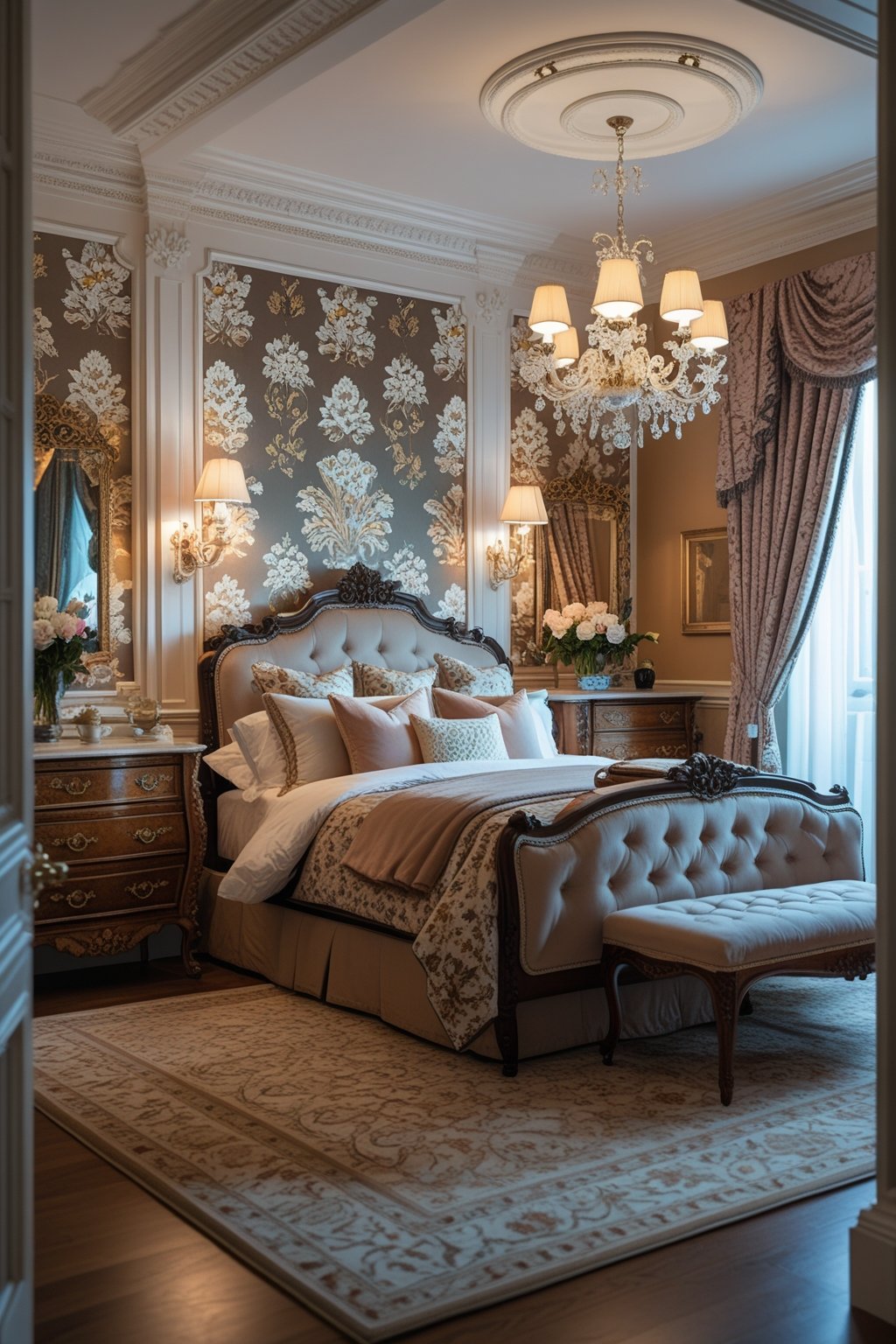 Modern Victorian Bedroom Design Ideas For A Timeless Aesthetic: 7 Inspiring Ways To Blend Classic And Contemporary Styles 4 A cozy bedroom with patterned wallpaper, a comfortable bed, wooden furniture, warm lighting, and decorative accents.