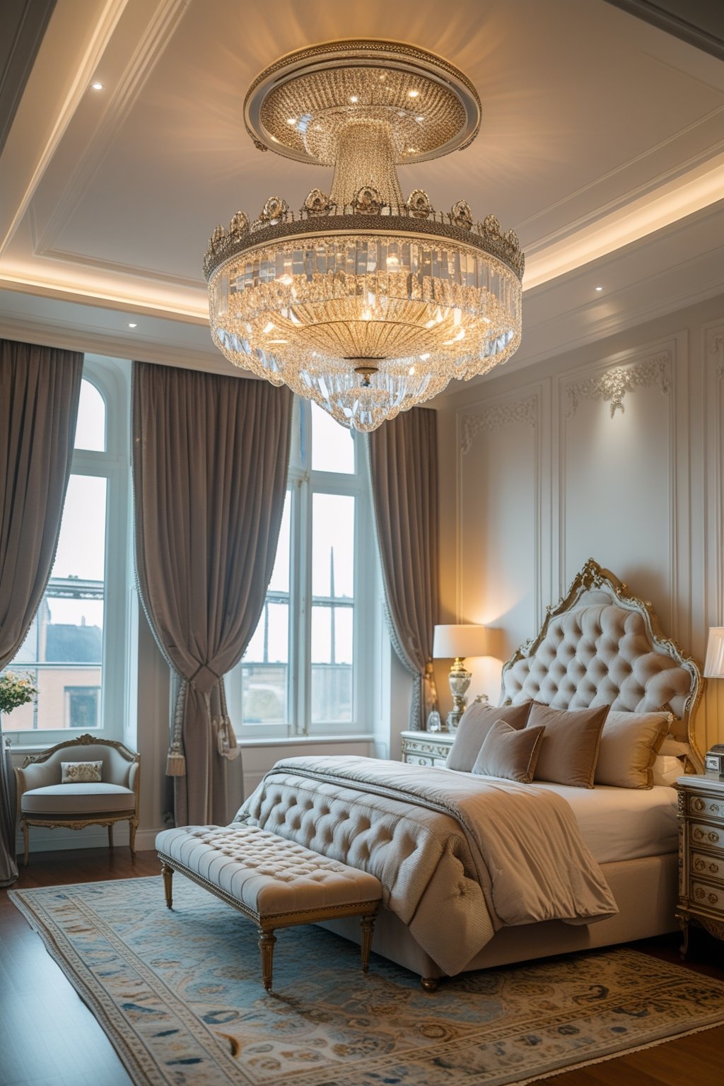 Modern Victorian Bedroom Design Ideas For A Timeless Aesthetic: 7 Inspiring Ways To Blend Classic And Contemporary Styles 5 A bedroom with a large crystal chandelier hanging from the ceiling, a comfortable bed, nightstands, and soft natural lighting.