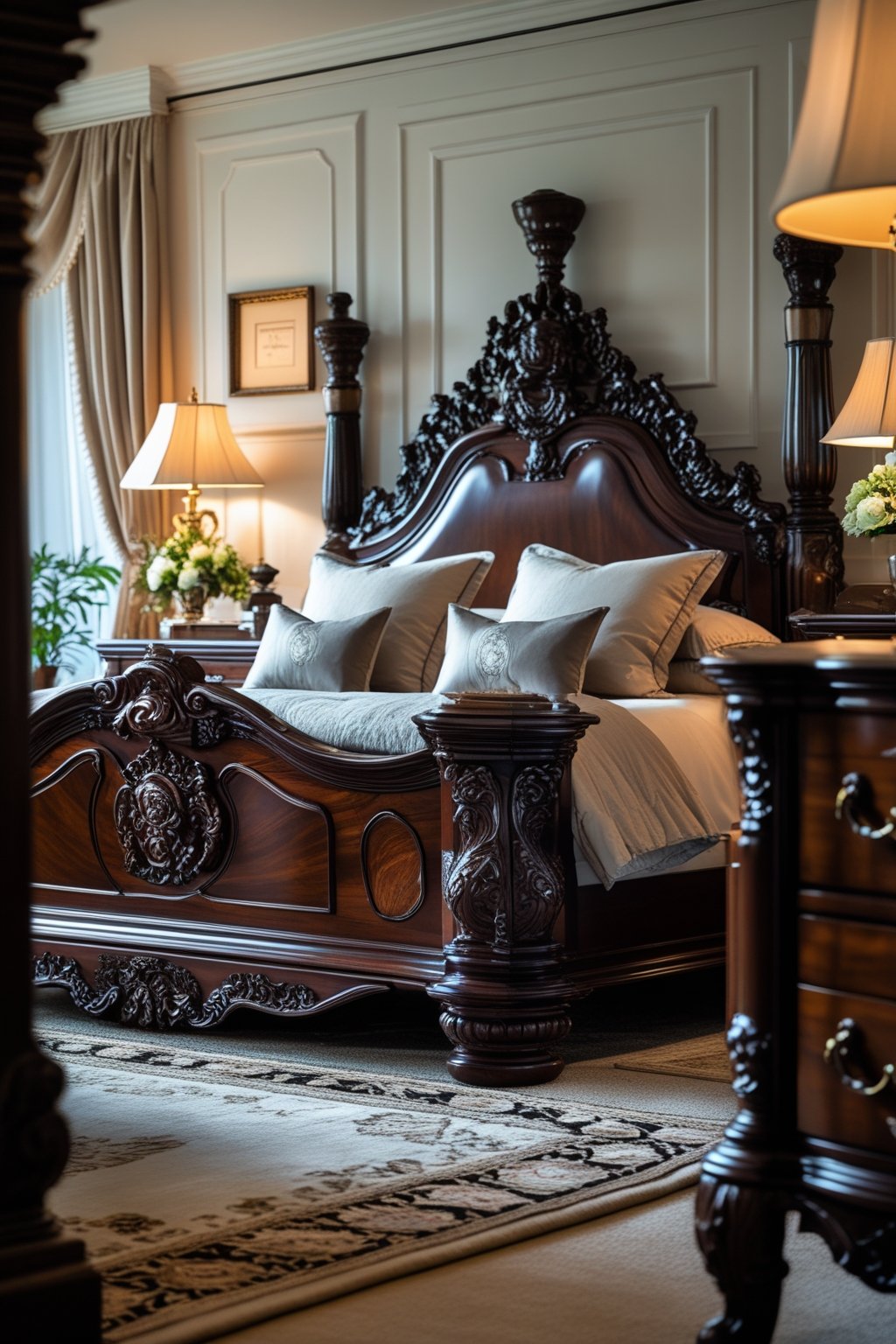 Modern Victorian Bedroom Design Ideas For A Timeless Aesthetic: 7 Inspiring Ways To Blend Classic And Contemporary Styles 6 A bedroom with dark carved wooden furniture including a large bed, bedside tables, and a dresser, softly lit and decorated with neutral linens and classic decor.