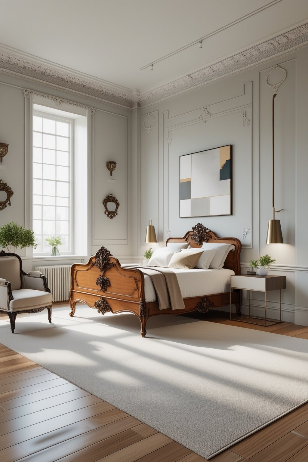Modern Victorian Bedroom Design Ideas For A Timeless Aesthetic: 7 Inspiring Ways To Blend Classic And Contemporary Styles 7 A bright bedroom with a wooden bed, simple nightstands, an armchair, and natural light coming through large windows.