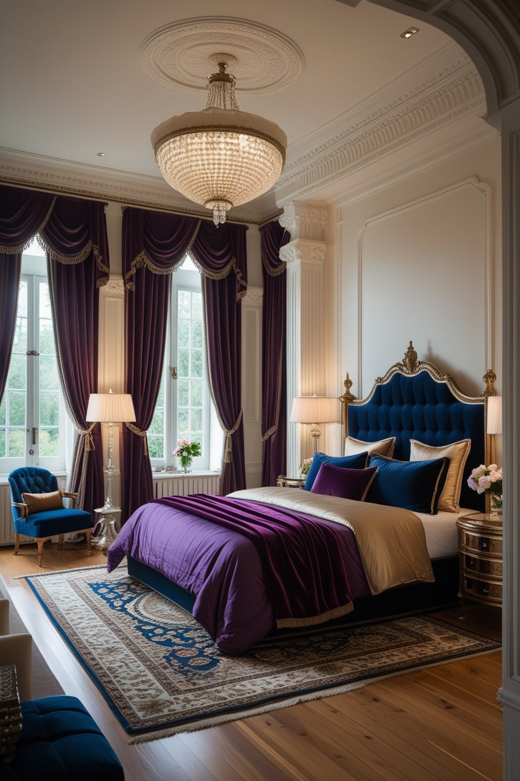 Modern Victorian Bedroom Design Ideas For A Timeless Aesthetic: 7 Inspiring Ways To Blend Classic And Contemporary Styles 8 A luxurious bedroom with a large bed featuring silk and velvet bedding, velvet curtains, and classic decorative details.