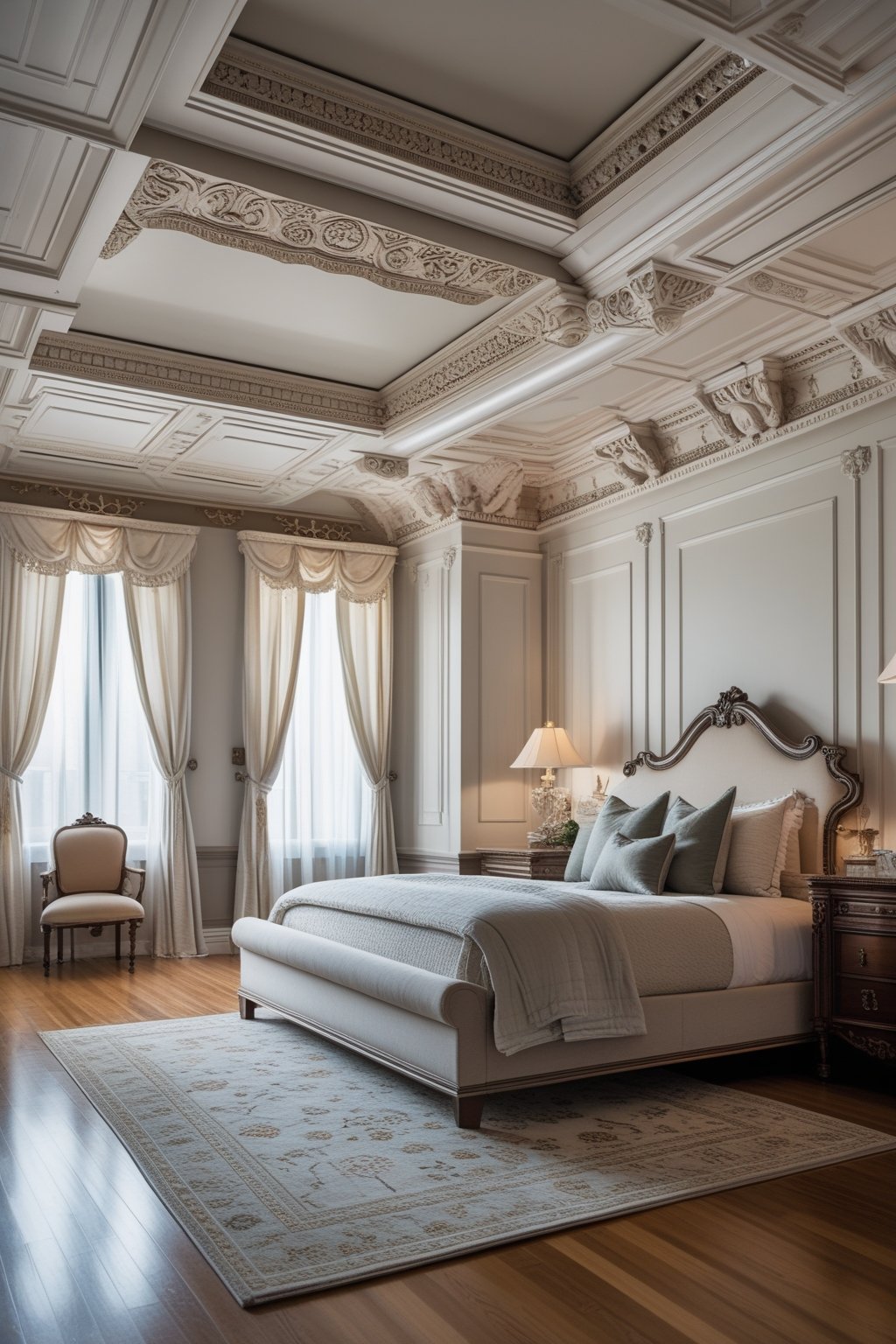 Modern Victorian Bedroom Design Ideas For A Timeless Aesthetic: 7 Inspiring Ways To Blend Classic And Contemporary Styles 9 A bright and elegant bedroom with detailed decorative moldings and trim, featuring a large bed, bedside tables, and soft natural lighting.