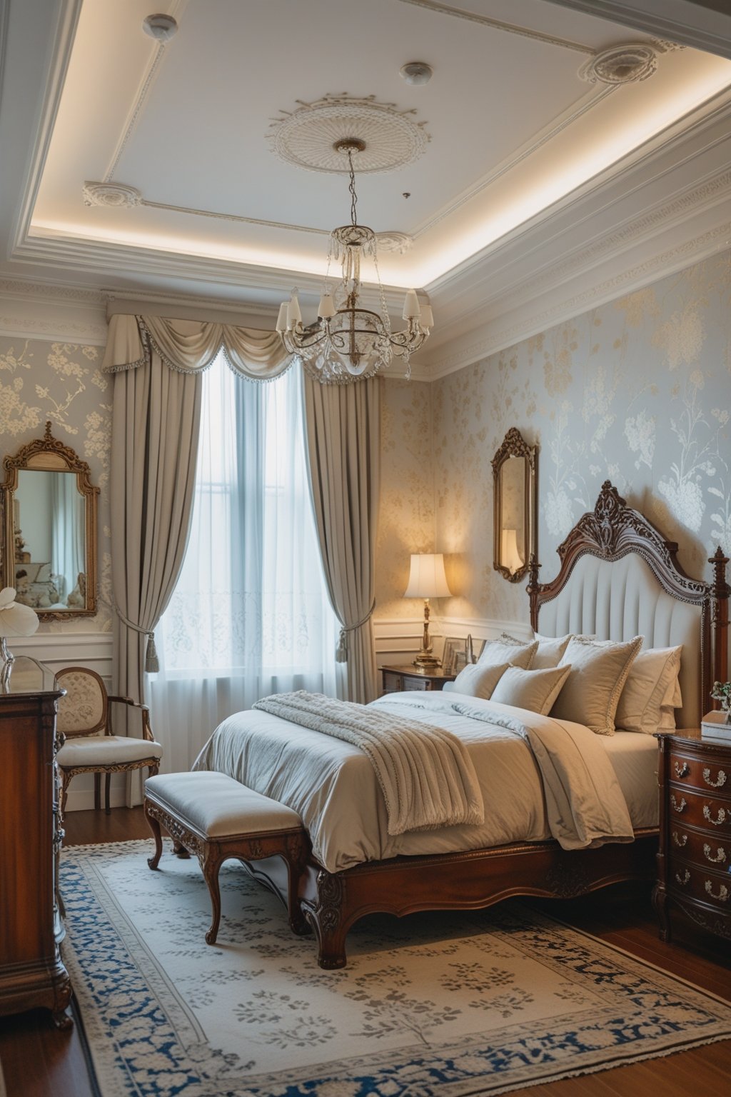 Modern Victorian Bedroom Design Ideas For A Timeless Aesthetic: 7 Inspiring Ways To Blend Classic And Contemporary Styles 10 A well-lit bedroom with a large wooden bed, patterned wallpaper, wooden furniture, tall windows with sheer curtains, and decorative lamps.