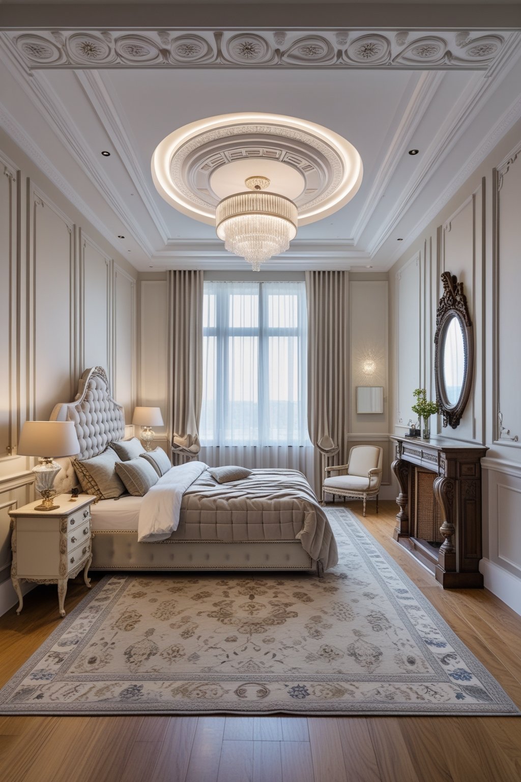 Modern Victorian Bedroom Design Ideas For A Timeless Aesthetic: 7 Inspiring Ways To Blend Classic And Contemporary Styles 11 A well-lit bedroom with a large bed, decorative ceiling, tall windows, bedside tables with lamps, and wooden floors.