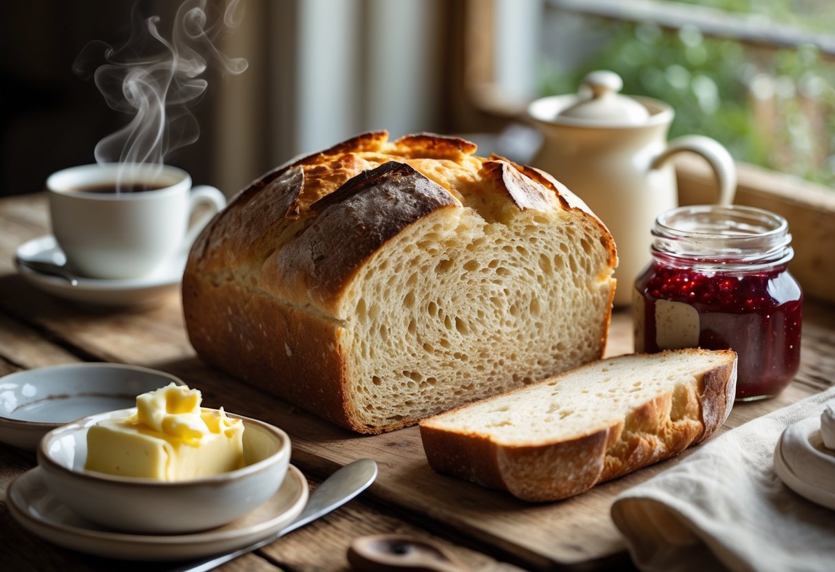 Mesa de café da manhã com pão caseiro fatiado, xícara de café, manteiga e geléia, iluminada por luz natural.