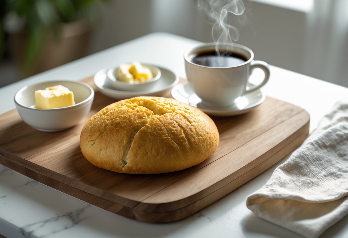 Mesa de café da manhã com broa de fubá, xícara de café, manteiga e guardanapo em ambiente iluminado.