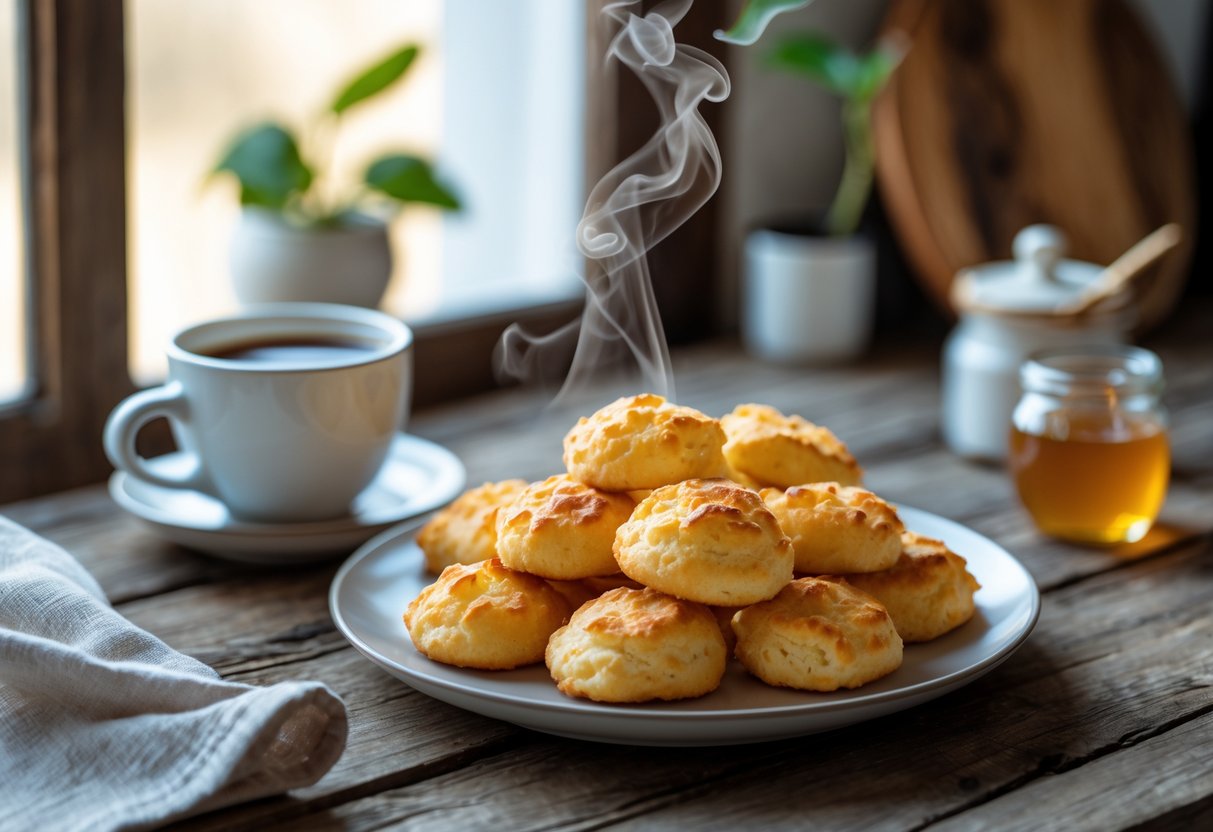 Mesa de café da manhã com biscoitinhos de polvilho em um prato, xícara de café e elementos de cozinha ao fundo.