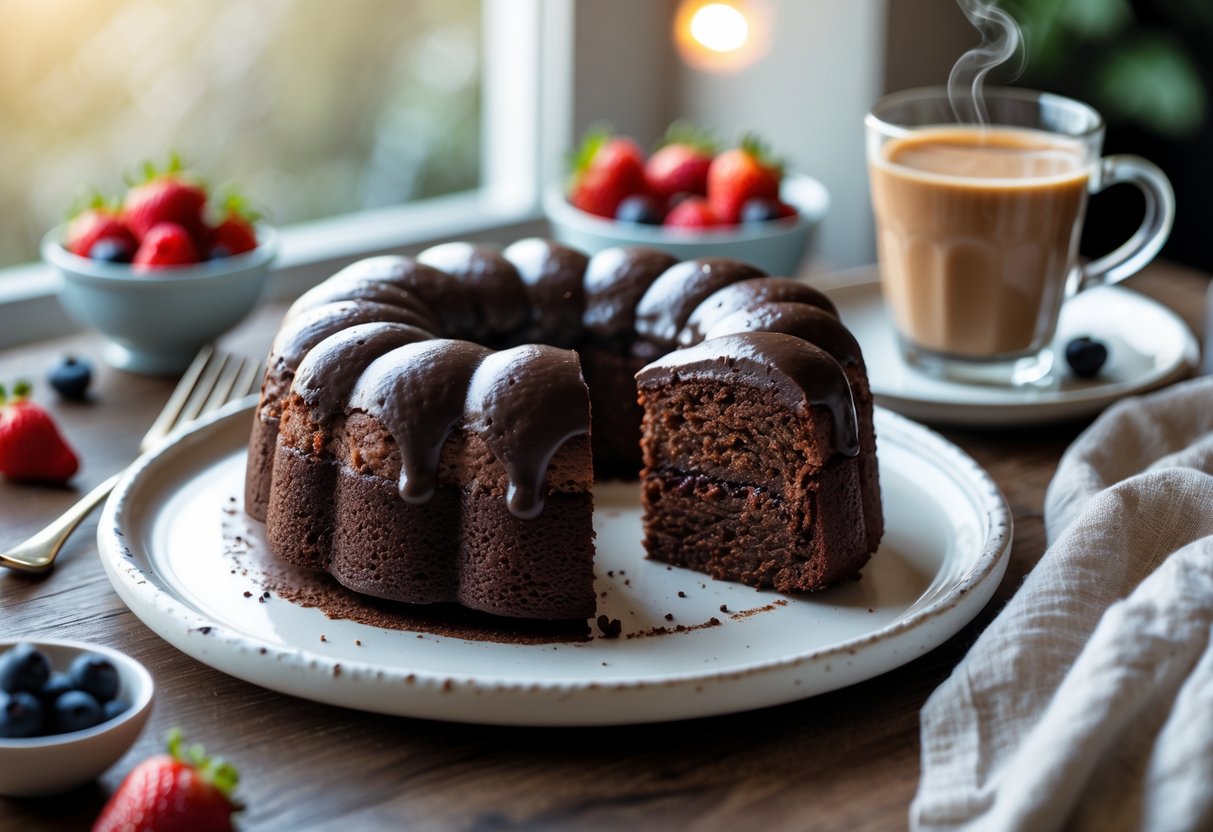 Bolo de chocolate fofinho servido no café da manhã com uma xícara de café e frutas frescas ao lado.