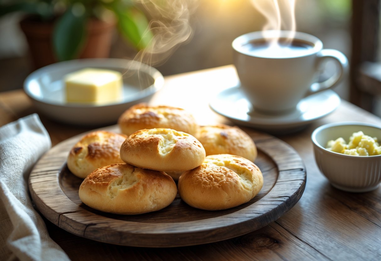 Mesa de café da manhã com pão de queijo fresco e uma xícara de café.