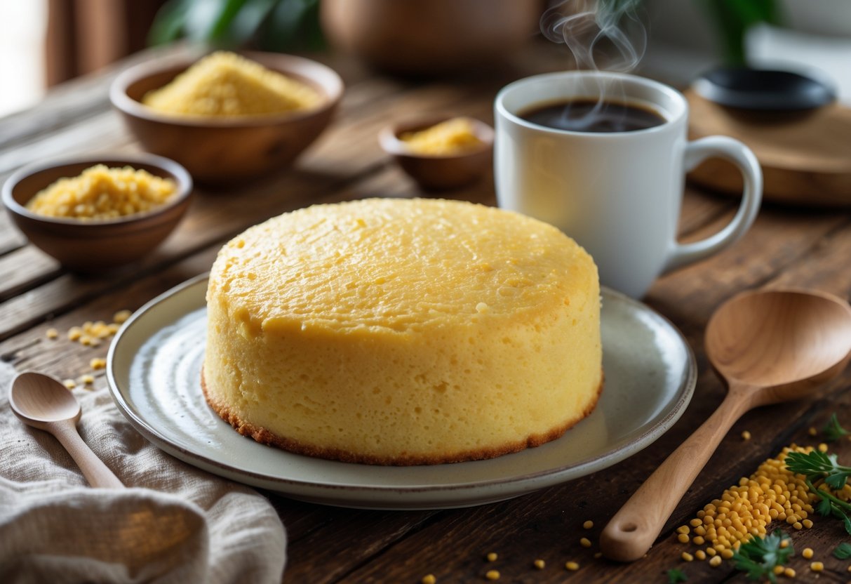 Bolo de fubá cremoso servido com uma xícara de café sobre uma mesa de madeira, em um ambiente de café da manhã.