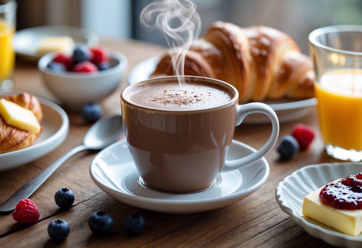 Uma xícara de chocolate quente fumegante em uma mesa de café da manhã com croissants, frutas e suco de laranja.