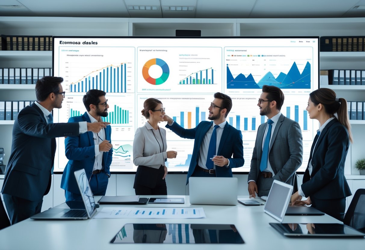 Des professionnels en réunion dans un bureau moderne analysant des graphiques et des données économiques sur un grand écran.