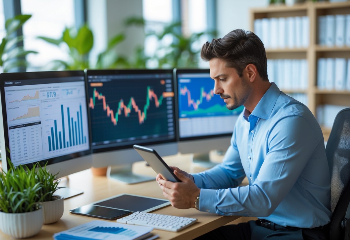 Un analyste en bureau moderne consulte des graphiques économiques sur plusieurs écrans d’ordinateur, entouré d’un espace de travail lumineux et organisé.